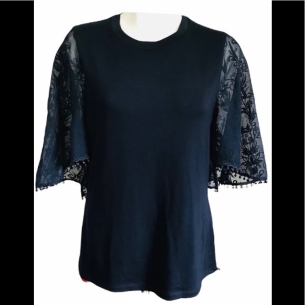 Elie Tahari Blouse Embroidered Sheer Sleeve Navy Blue Knit Women’s Size Medium